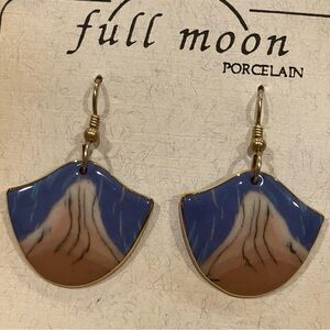 Full Moon | Porcelain Blue & Brown Earrings with Gold Edges